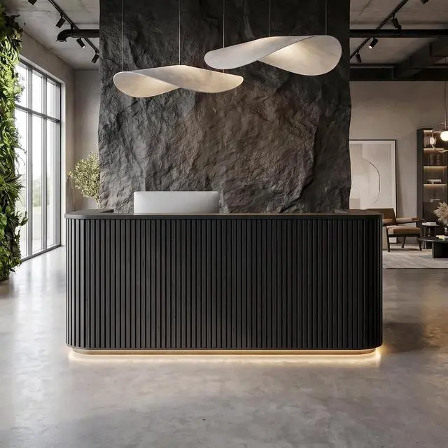 Alt view image 7 of 7 - 70.87in Black Curved Reception Desk, Mid Century Front Desk Reception Room Table with LED Lights, Retail Counter for Checkout, Lobby, Beauty Salon