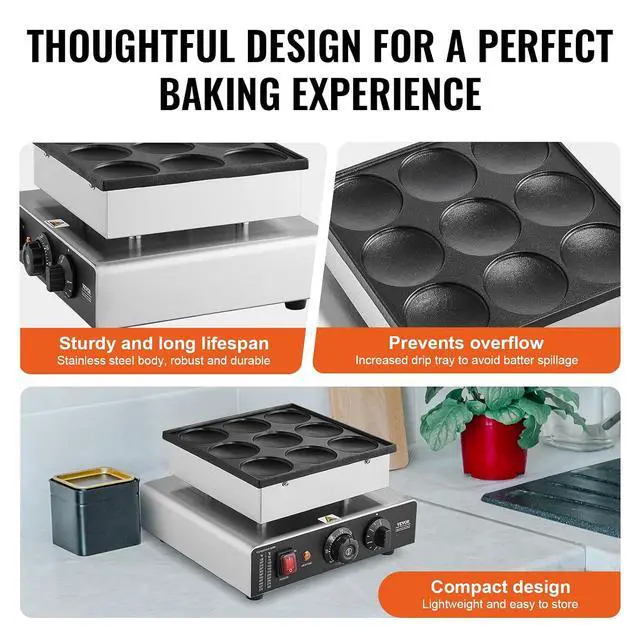 Alt view image 5 of 7 - Dutch Pancake Maker, 9PCS 76mm Diameter Dorayaki Baker Machine, 850W Commercial Electric Poffertjes Grill, Non-stick Stainless Steel, Temp & Time Control, for Home Kitchen Restaurant Snack Bar