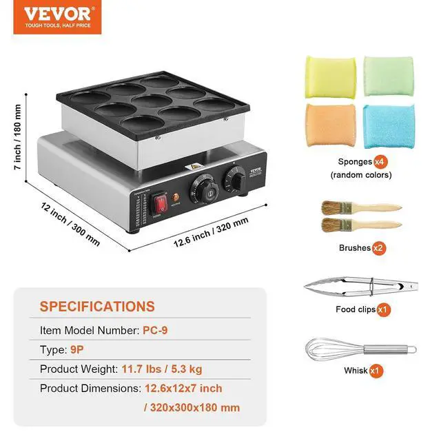 Alt view image 7 of 7 - Dutch Pancake Maker, 9PCS 76mm Diameter Dorayaki Baker Machine, 850W Commercial Electric Poffertjes Grill, Non-stick Stainless Steel, Temp & Time Control, for Home Kitchen Restaurant Snack Bar