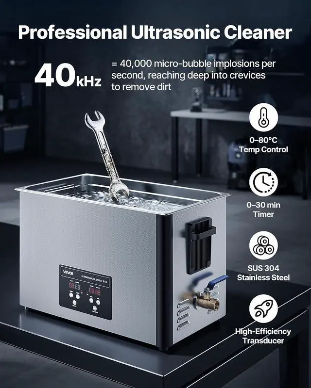 Alt view image 2 of 7 - 30L Ultrasonic Cleaner, Professional Ultrasonic Cleaner Machine with Cleaning Basket & Digital Display, 480W Stainless Steel 40kHz Industrial Cleaning Machine for Parts, Carburetors, Instruments