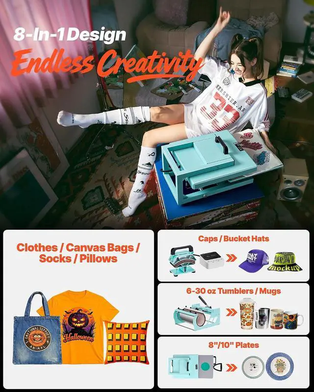 Alt view image 2 of 7 - Hybrid Heat Press, 15 x 15 inch, 8-in-1 Multifunction, Heat Up Fast and Even, All-New Patented Design, Easy to Control, Sublimation Press Machine for T-Shirts/Tumblers/Caps/Plates, Light Green