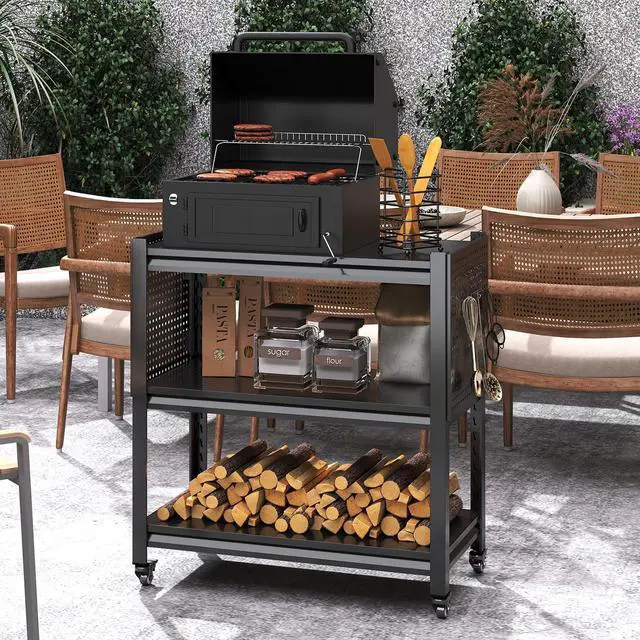 Main image of Outdoor Cart Grill Table with Storage, Heavy Duty Metal Rolling Grill Cart,Grill Stand Side Table for Outdoor Cooking Station Pizza Oven,Black,33.46"*32.68"*15.75"