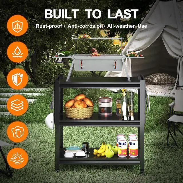 Alt view image 5 of 6 - Outdoor Cart Grill Table with Storage, Heavy Duty Metal Rolling Grill Cart,Grill Stand Side Table for Outdoor Cooking Station Pizza Oven,Black,33.46"*32.68"*15.75"