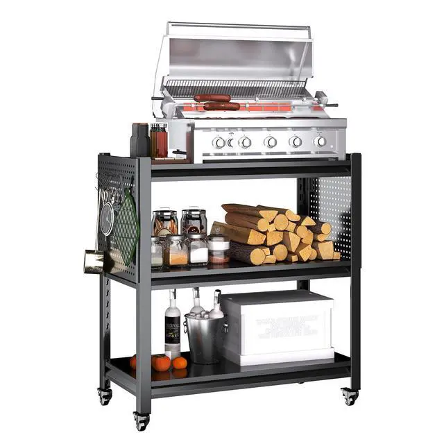 Alt view image 6 of 6 - Outdoor Cart Grill Table with Storage, Heavy Duty Metal Rolling Grill Cart,Grill Stand Side Table for Outdoor Cooking Station Pizza Oven,Black,33.46"*32.68"*15.75"