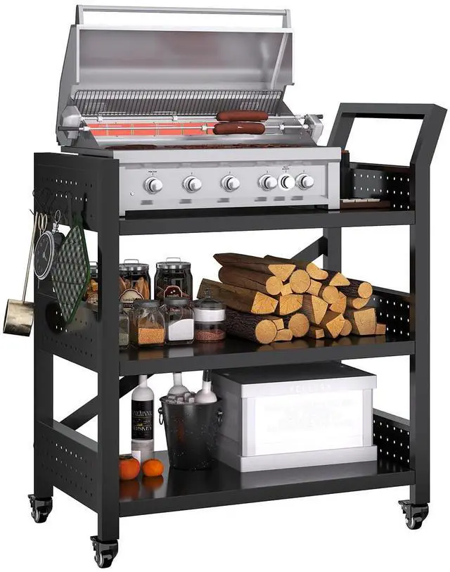 Main image of Outdoor Grill Cart with Wheels, Heavy Duty Metal Grill Table for Outside,Anti-Rust Bar Cart,BBQ Grill Stand Utility Rolling Cart for Patio Backyard Cooking,30.31"*24.31"*13.78"Black