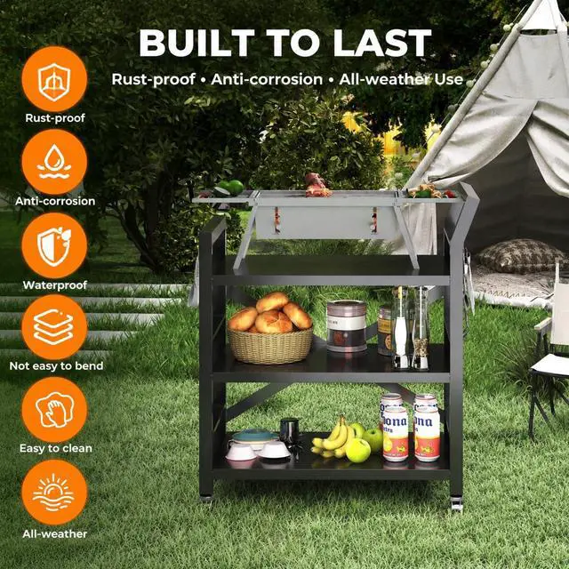 Alt view image 5 of 7 - Outdoor Grill Cart with Wheels, Heavy Duty Metal Grill Table for Outside,Anti-Rust Bar Cart,BBQ Grill Stand Utility Rolling Cart for Patio Backyard Cooking,30.31"*24.31"*13.78"Black