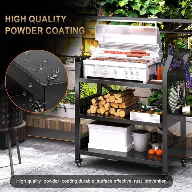 Alt view image 4 of 7 - Outdoor Grill Cart with Wheels, Heavy Duty Metal Grill Table for Outside,Anti-Rust Bar Cart,BBQ Grill Stand Utility Rolling Cart for Patio Backyard Cooking,30.31"*24.31"*13.78"Black