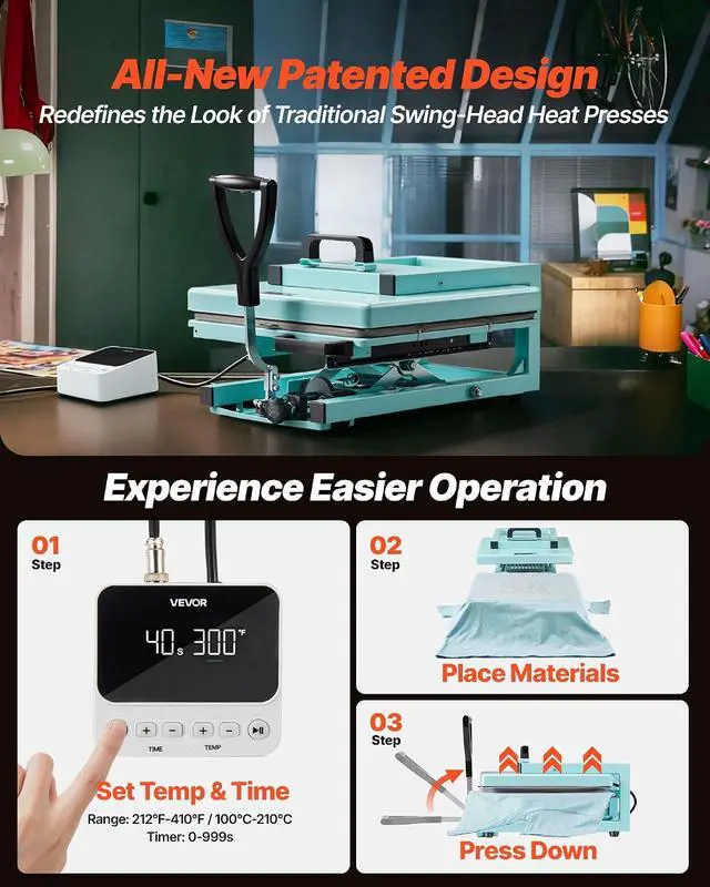 Alt view image 5 of 7 - Hybrid Heat Press, 15 x 15 inch, 5-in-1 Multifunction, Heat Up Fast and Even, All-New Patented Design, Easy to Control, Sublimation Press Machine for T-Shirts/Tumblers/Caps/Plates, Light Green