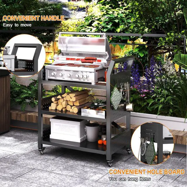 Alt view image 7 of 7 - Outdoor Grill Cart with Wheels, Heavy Duty Metal Grill Table for Outside,Anti-Rust Bar Cart,BBQ Grill Stand Utility Rolling Cart for Patio Backyard Cooking,30.31"*24.31"*13.78"Black