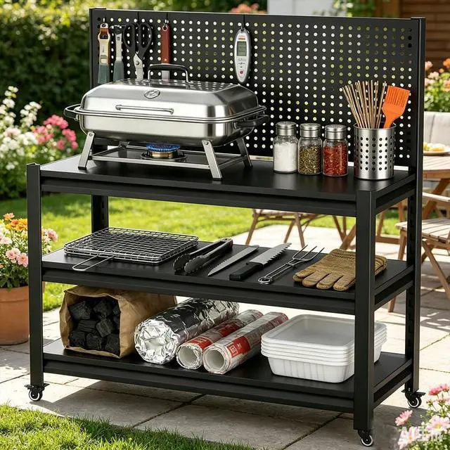 Main image of Outdoor Grill Cart with Wheels, Heavy Duty Metal Grill Table for Outside,Anti-Rust Bar Cart,BBQ Grill Stand Utility Rolling Cart for Patio Backyard Cooking (47.2" H*33.46" W*18")