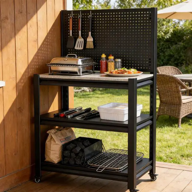 Alt view image 3 of 6 - Outdoor Grill Cart with Wheels, Heavy Duty Metal Grill Table for Outside,Anti-Rust Bar Cart,BBQ Grill Stand Utility Rolling Cart for Patio Backyard Cooking (47.2" H*33.46" W*18")