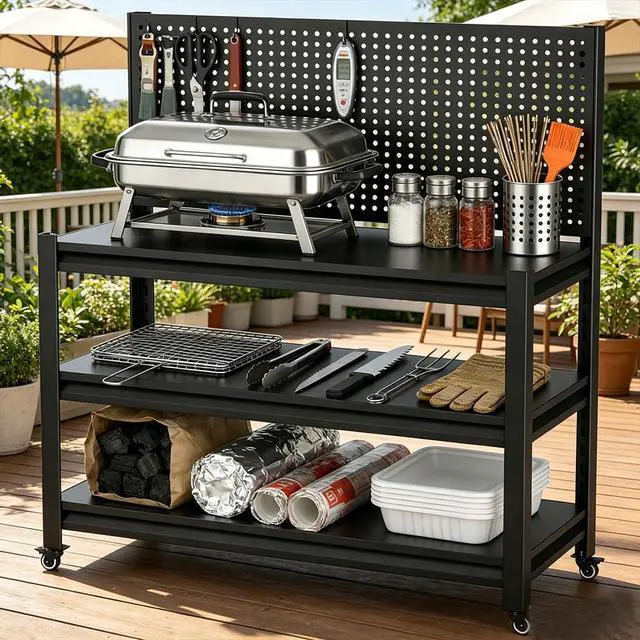 Alt view image 6 of 6 - Outdoor Grill Cart with Wheels, Heavy Duty Metal Grill Table for Outside,Anti-Rust Bar Cart,BBQ Grill Stand Utility Rolling Cart for Patio Backyard Cooking (47.2" H*33.46" W*18")