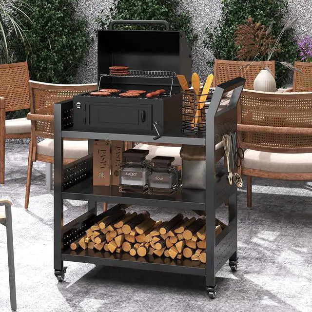 Alt view image 6 of 7 - Outdoor Grill Cart with Wheels, Heavy Duty Metal Grill Table for Outside,Anti-Rust Bar Cart,BBQ Grill Stand Utility Rolling Cart for Patio Backyard Cooking,30.31"*24.31"*13.78"Black