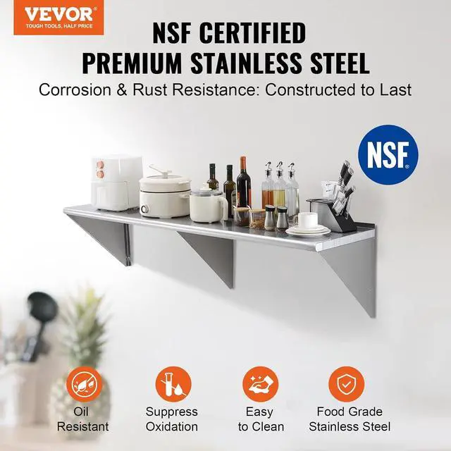 Alt view image 4 of 7 - 18" x 72" Stainless Steel Shelf, Wall Mounted Floating Shelving with Brackets, 500 lbs Load Capacity Commercial Shelves, Heavy Duty Storage Rack for Restaurant, Kitchen, Bar, Home, and Hotel
