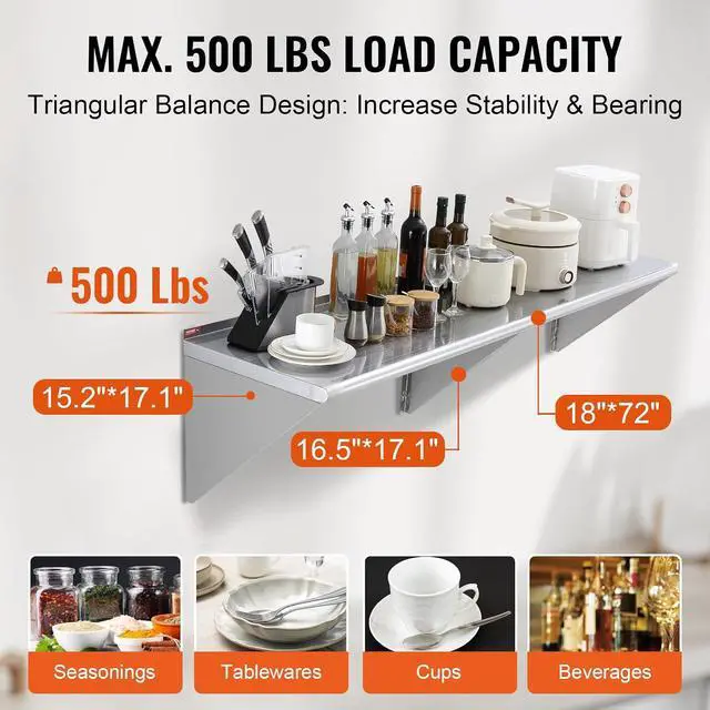 Alt view image 5 of 7 - 18" x 72" Stainless Steel Shelf, Wall Mounted Floating Shelving with Brackets, 500 lbs Load Capacity Commercial Shelves, Heavy Duty Storage Rack for Restaurant, Kitchen, Bar, Home, and Hotel