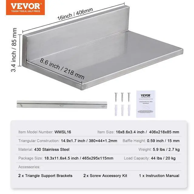 Alt view image 3 of 7 - Stainless Steel Wall Shelf, 8.6" x 16"-2 Pack with Backsplash, Holds 44 lbs, Ideal for Kitchen, Bar, Restaurant, Home, Hotel