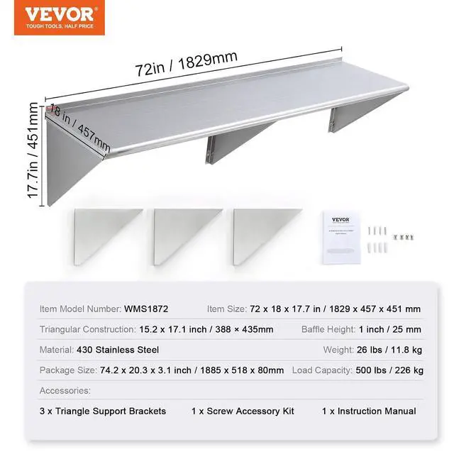 Alt view image 3 of 7 - 18" x 72" Stainless Steel Shelf, Wall Mounted Floating Shelving with Brackets, 500 lbs Load Capacity Commercial Shelves, Heavy Duty Storage Rack for Restaurant, Kitchen, Bar, Home, and Hotel