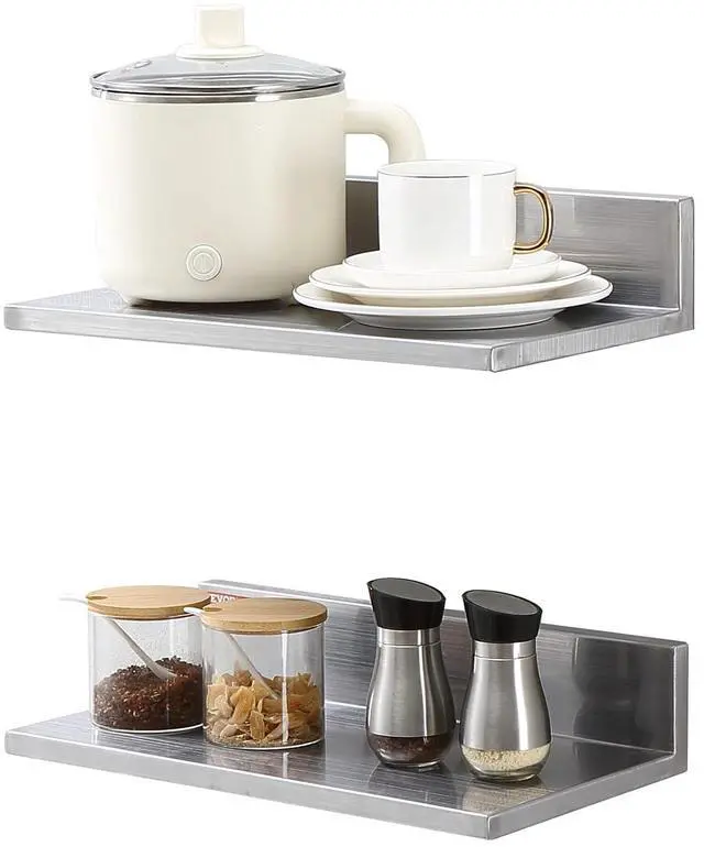 Main image of Stainless Steel Wall Shelf, 8.6" x 16"-2 Pack with Backsplash, Holds 44 lbs, Ideal for Kitchen, Bar, Restaurant, Home, Hotel