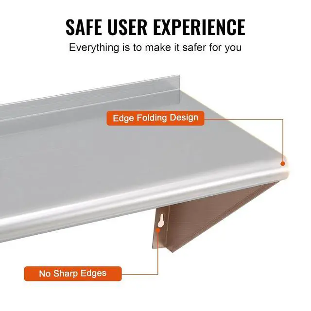 Alt view image 6 of 7 - 18" x 72" Stainless Steel Shelf, Wall Mounted Floating Shelving with Brackets, 500 lbs Load Capacity Commercial Shelves, Heavy Duty Storage Rack for Restaurant, Kitchen, Bar, Home, and Hotel