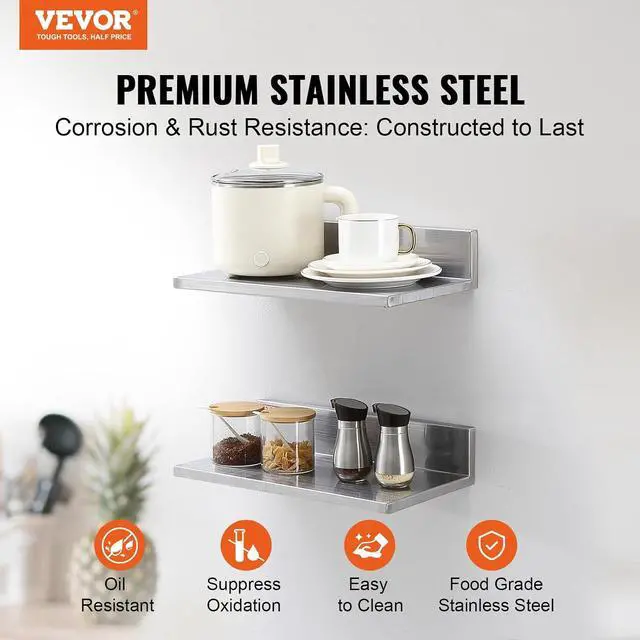 Alt view image 4 of 7 - Stainless Steel Wall Shelf, 8.6" x 16"-2 Pack with Backsplash, Holds 44 lbs, Ideal for Kitchen, Bar, Restaurant, Home, Hotel