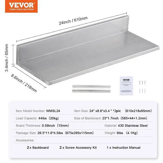 Alt view image 3 of 7 - 8.6" x 24" -2Pack Stainless Steel Shelf, Wall Mounted Floating Shelving with Backsplash, 44 lbs Load Capacity Commercial Shelves, Heavy Duty Storage Rack for Restaurant, Kitchen, Bar, Home