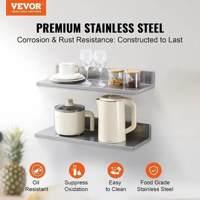 Alt view image 4 of 7 - 8.6" x 24" -2Pack Stainless Steel Shelf, Wall Mounted Floating Shelving with Backsplash, 44 lbs Load Capacity Commercial Shelves, Heavy Duty Storage Rack for Restaurant, Kitchen, Bar, Home