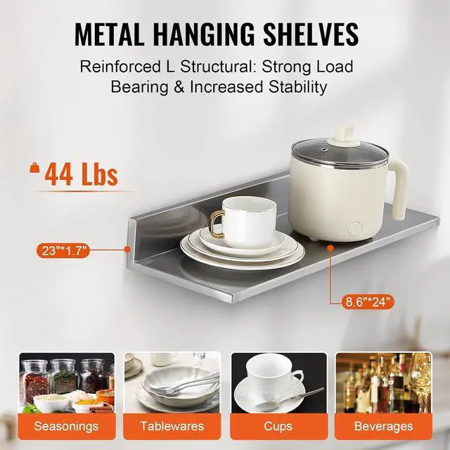Alt view image 5 of 7 - 8.6" x 24" -2Pack Stainless Steel Shelf, Wall Mounted Floating Shelving with Backsplash, 44 lbs Load Capacity Commercial Shelves, Heavy Duty Storage Rack for Restaurant, Kitchen, Bar, Home