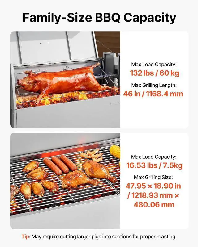 Alt view image 3 of 7 - Rotisserie Grill, 46in BBQ Outdoor Pig & Lamb Spit Roaster, Charcoal Spit Roaster with 132 LBS Capacity, Wheels & 4-Level Height, Stainless Steel Rotisserie Grill Kit for Camping Outdoor Parties