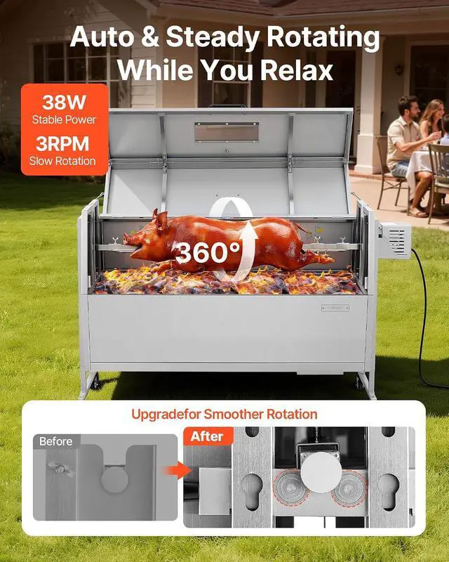 Alt view image 2 of 7 - Rotisserie Grill, 46in BBQ Outdoor Pig & Lamb Spit Roaster, Charcoal Spit Roaster with 132 LBS Capacity, Wheels & 4-Level Height, Stainless Steel Rotisserie Grill Kit for Camping Outdoor Parties