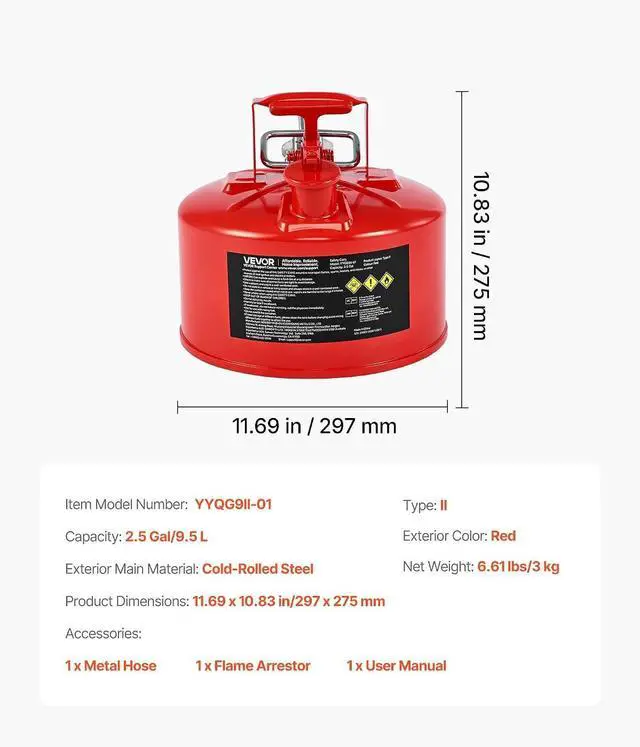 Alt view image 7 of 7 - Safety Metal Container, 2.5-Gal Type II Red Metal Container for Liquid Material with Stainless Flame Arrester, Self-Closing Lid, Flexible Metal Spout, Carbon Steel Flammable Saving with Handle