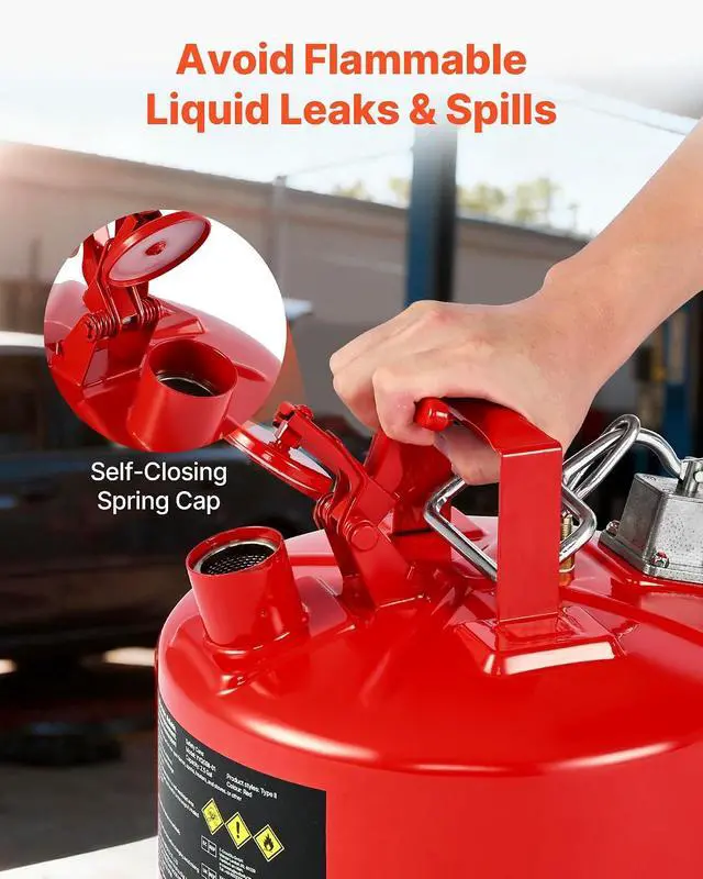 Alt view image 2 of 7 - Safety Metal Container, 2.5-Gal Type II Red Metal Container for Liquid Material with Stainless Flame Arrester, Self-Closing Lid, Flexible Metal Spout, Carbon Steel Flammable Saving with Handle