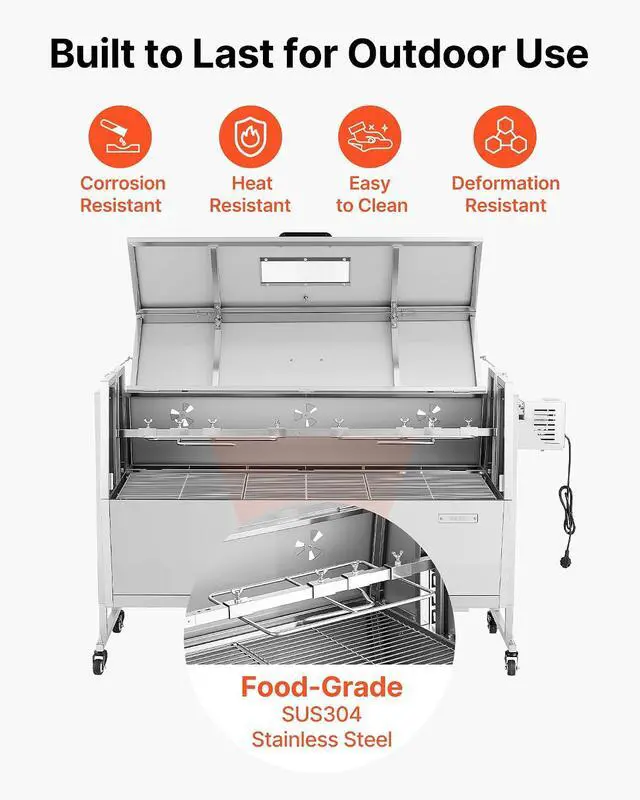 Alt view image 6 of 7 - Rotisserie Grill, 46in BBQ Outdoor Pig & Lamb Spit Roaster, Charcoal Spit Roaster with 132 LBS Capacity, Wheels & 4-Level Height, Stainless Steel Rotisserie Grill Kit for Camping Outdoor Parties