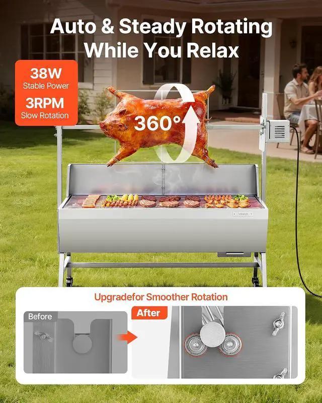 Alt view image 2 of 7 - Rotisserie Grill, 46in BBQ Outdoor Pig & Lamb Spit Roaster, Charcoal Spit Roaster with 132 LBS Capacity, Wheels, 4-Level Height, Stainless Steel Electric Rotisserie Grill Kit for Camping Outdoor