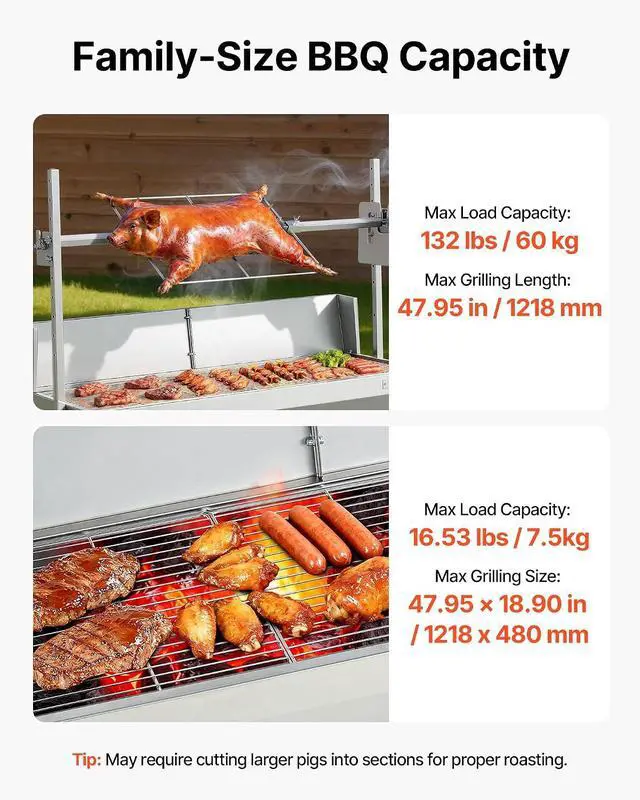Alt view image 3 of 7 - Rotisserie Grill, 46in BBQ Outdoor Pig & Lamb Spit Roaster, Charcoal Spit Roaster with 132 LBS Capacity, Wheels, 4-Level Height, Stainless Steel Electric Rotisserie Grill Kit for Camping Outdoor