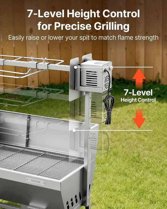 Alt view image 4 of 7 - Rotisserie Grill, 46in BBQ Outdoor Pig & Lamb Spit Roaster, Charcoal Spit Roaster with 132 LBS Capacity, Wheels, 4-Level Height, Stainless Steel Electric Rotisserie Grill Kit for Camping Outdoor
