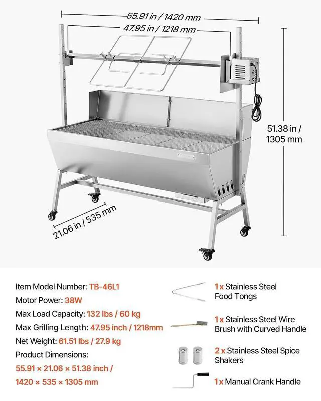 Alt view image 7 of 7 - Rotisserie Grill, 46in BBQ Outdoor Pig & Lamb Spit Roaster, Charcoal Spit Roaster with 132 LBS Capacity, Wheels, 4-Level Height, Stainless Steel Electric Rotisserie Grill Kit for Camping Outdoor