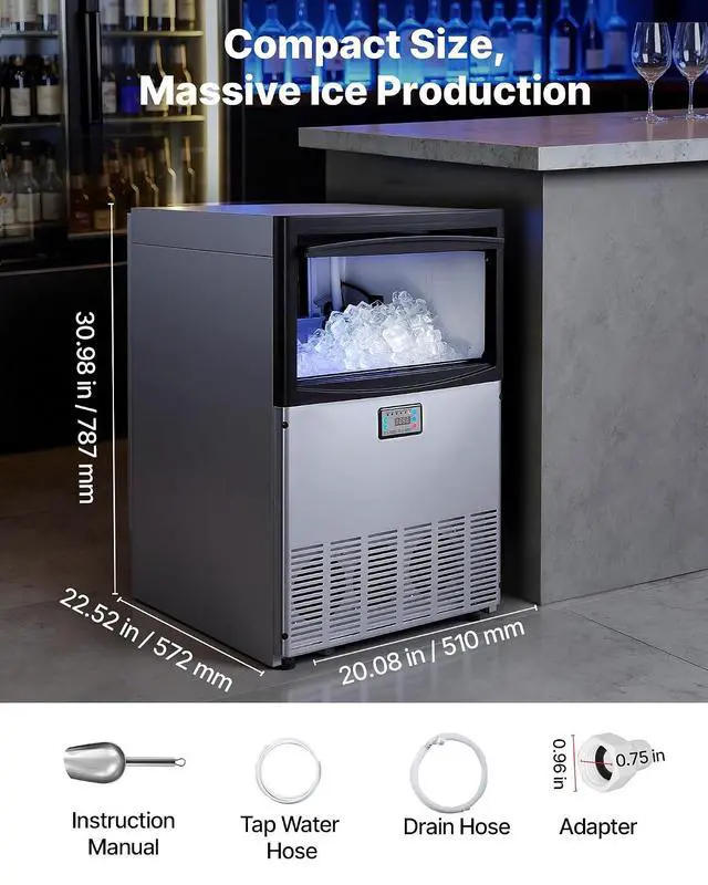 Alt view image 7 of 7 - Commercial Ice Maker Machine, 200 lbs/24h with 50 lbs Storage Capacity, Built-in/Freestanding/Under Counter, Stainless Steel Ice Maker with LED Display & Self-Cleaning, for Home Bar Restaurant