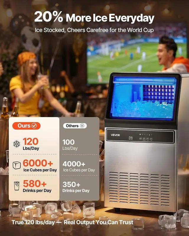 Alt view image 3 of 7 - Commercial Ice Maker Machine, 120 lbs/24H Ice Production, 33 lbs Storage Bin, 45 Cubes per Cycle, Stainless Steel Under Counter & Freestanding Ice Maker with LED Display, for Home Bar Restaurant