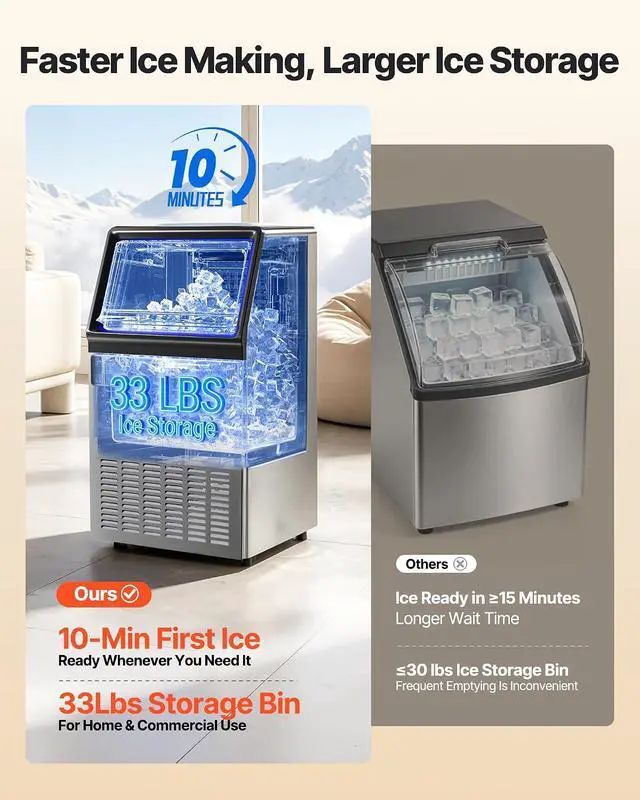 Alt view image 5 of 7 - Commercial Ice Maker Machine, 120 lbs/24H Ice Production, 33 lbs Storage Bin, 45 Cubes per Cycle, Stainless Steel Under Counter & Freestanding Ice Maker with LED Display, for Home Bar Restaurant