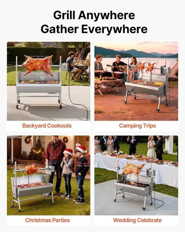 Alt view image 2 of 7 - Rotisserie Grill, 38W Stainless Steel BBQ Outdoor Pig & Lamb Spit Roaster, 132 LBS Load Capacity Charcoal Spit Roaster with 7-Level Height, Electric Rotisserie Grill Kit for Camping Outdoor