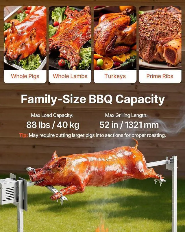 Alt view image 3 of 7 - Rotisserie Grill, 52in Electric Rotisserie Grill Kit 8 Level Height, BBQ Grills Rotisseries Kit with 88 lbs Load Capacity, Asador de Puerco, Stainless Steel Automatic Grilling Kits for Parties