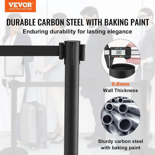 Alt view image 2 of 7 - Crowd Control Stanchions, 6-Pack Crowd Control Barriers, Carbon Steel Baking Painted Stanchion Queue Post with Sign Holder & 3PCS 6.5FT Retractable Belt, Belt Barrier Line Divider, Easy Assembly