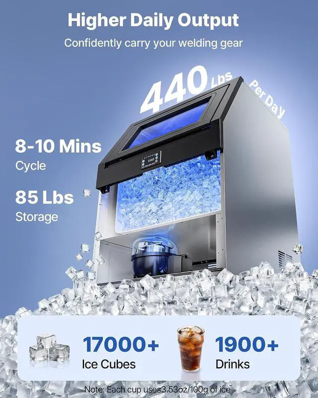 Alt view image 2 of 7 - Commercial Ice Maker Machine, 440 lbs/24h with 85 lbs Storage Capacity, Built-in/Freestanding/Under Counter, Stainless Steel Ice Maker with LED Display & Self-Cleaning, for Home Bar Restaurant