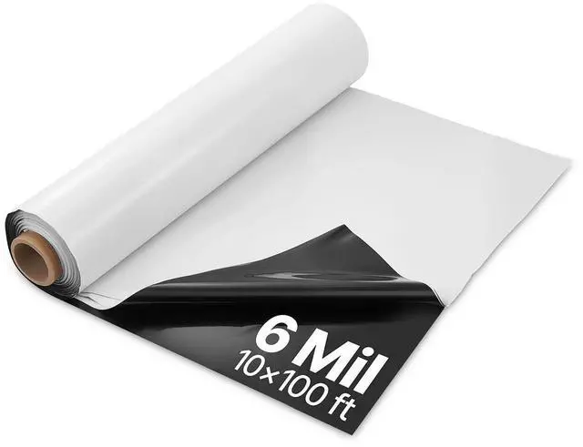 Main image of 10' x 100' Plastic Sheeting Heavy Duty, 6 Mil Thick Plastic Sheeting Roll, Plastic Drop Cloth Painters Tarp Covering for Crawl Space Vapor Barrier, Black and White Double-Sided, Multi-Purpose