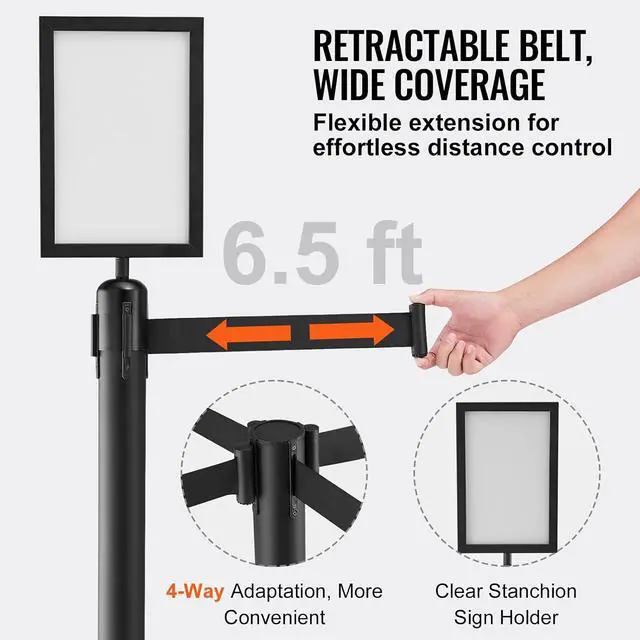 Alt view image 4 of 7 - Crowd Control Stanchions, 6-Pack Crowd Control Barriers, Carbon Steel Baking Painted Stanchion Queue Post with Sign Holder & 3PCS 6.5FT Retractable Belt, Belt Barrier Line Divider, Easy Assembly