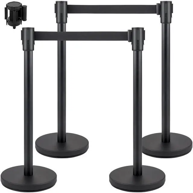 Main image of Crowd Control Stanchion, Set of 4 Pieces Stanchion Set, Stanchion Set with 6.6 ft/2 m Black Retractable Belt, Black Crowd Control Barrier w/Concrete and Metal Base - Easy Connect Assembly
