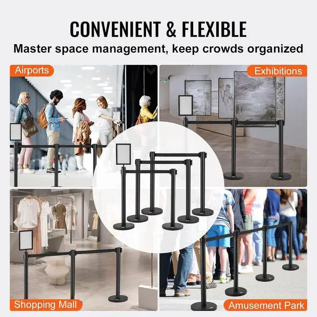 Alt view image 6 of 7 - Crowd Control Stanchions, 6-Pack Crowd Control Barriers, Carbon Steel Baking Painted Stanchion Queue Post with Sign Holder & 3PCS 6.5FT Retractable Belt, Belt Barrier Line Divider, Easy Assembly