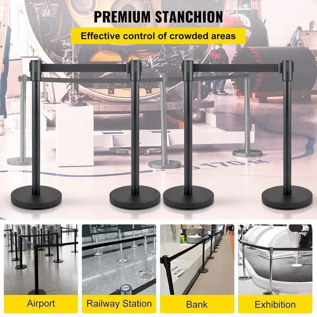 Alt view image 2 of 7 - Crowd Control Stanchion, Set of 4 Pieces Stanchion Set, Stanchion Set with 6.6 ft/2 m Black Retractable Belt, Black Crowd Control Barrier w/Concrete and Metal Base - Easy Connect Assembly