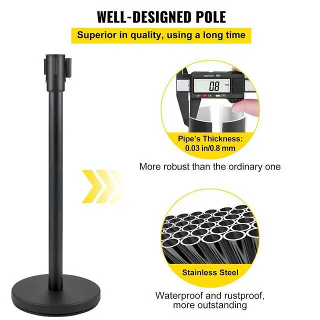Alt view image 3 of 7 - Crowd Control Stanchion, Set of 4 Pieces Stanchion Set, Stanchion Set with 6.6 ft/2 m Black Retractable Belt, Black Crowd Control Barrier w/Concrete and Metal Base - Easy Connect Assembly