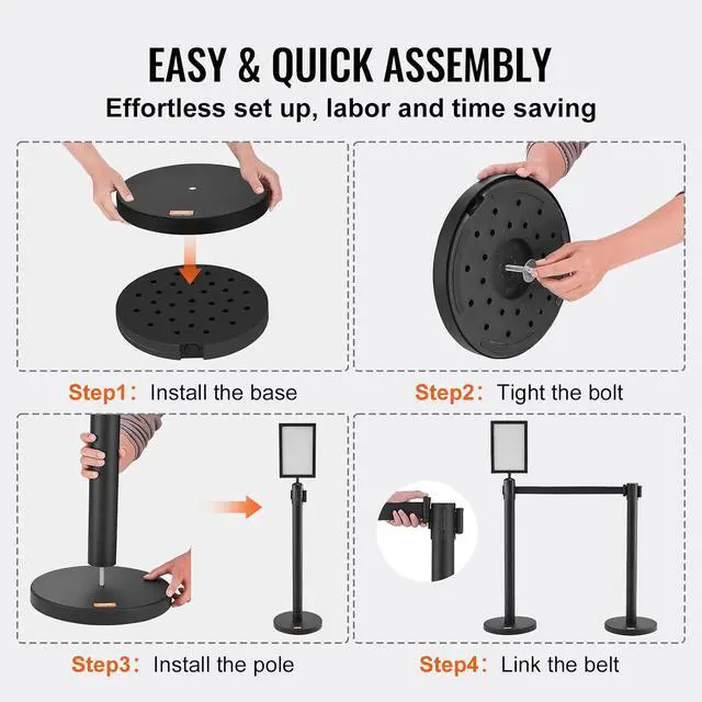 Alt view image 5 of 7 - Crowd Control Stanchions, 6-Pack Crowd Control Barriers, Carbon Steel Baking Painted Stanchion Queue Post with Sign Holder & 3PCS 6.5FT Retractable Belt, Belt Barrier Line Divider, Easy Assembly
